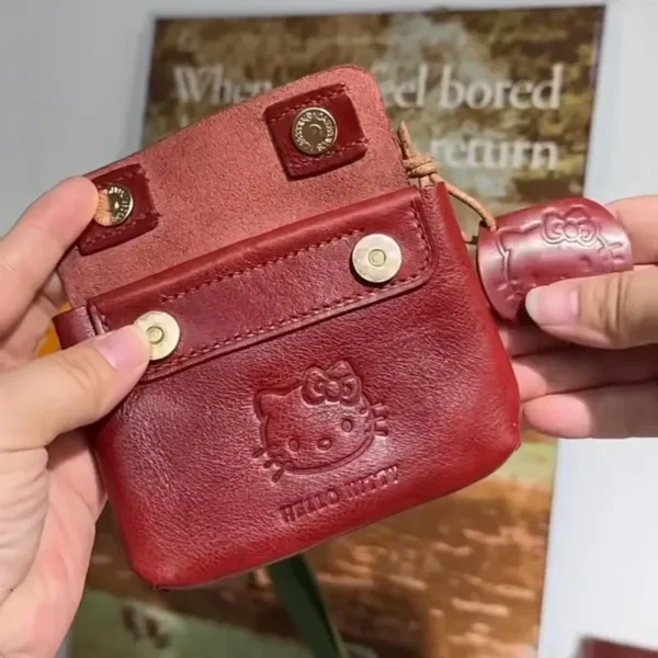 Sanrio Hello Kitty Handmade Red Leather Coin Purse Cute Mini Kt Portable Headset Certificate Carry-On Small Card Bag Gift - Image 2