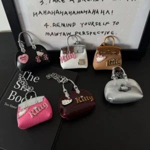 Cute Sanrio Hello Kitty Handmade PU Leather Keychain Phone Keyring Charm with Pendant Bag Decoration Accessories for Women Gift
