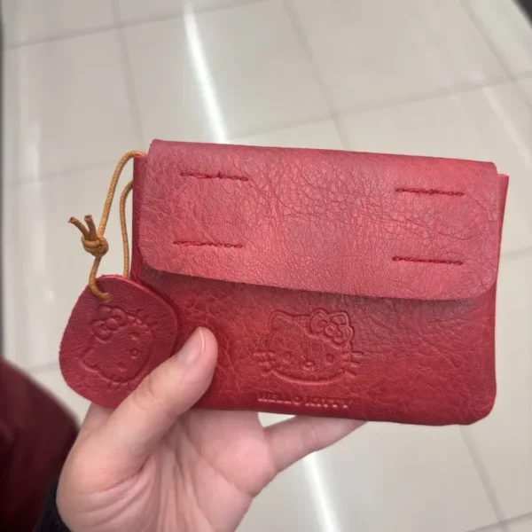 Sanrio Hello Kitty Handmade Red Leather Coin Purse Cute Mini Kt Portable Headset Certificate Carry-On Small Card Bag Gift - Image 3